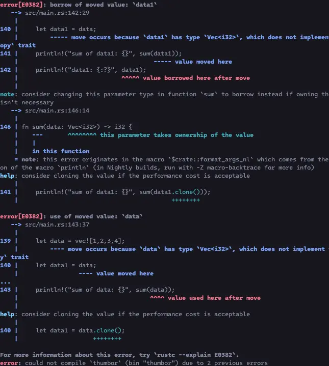 error messages indicating use of moved value