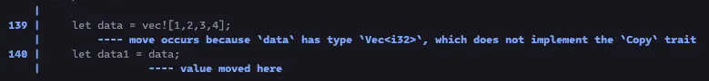 error message indicating Vec<u32> does not implement Copy trait